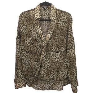 Better Be Women's Animal Print Sheer Roll Tab Deep V Faux Wrap High Low Blouse M